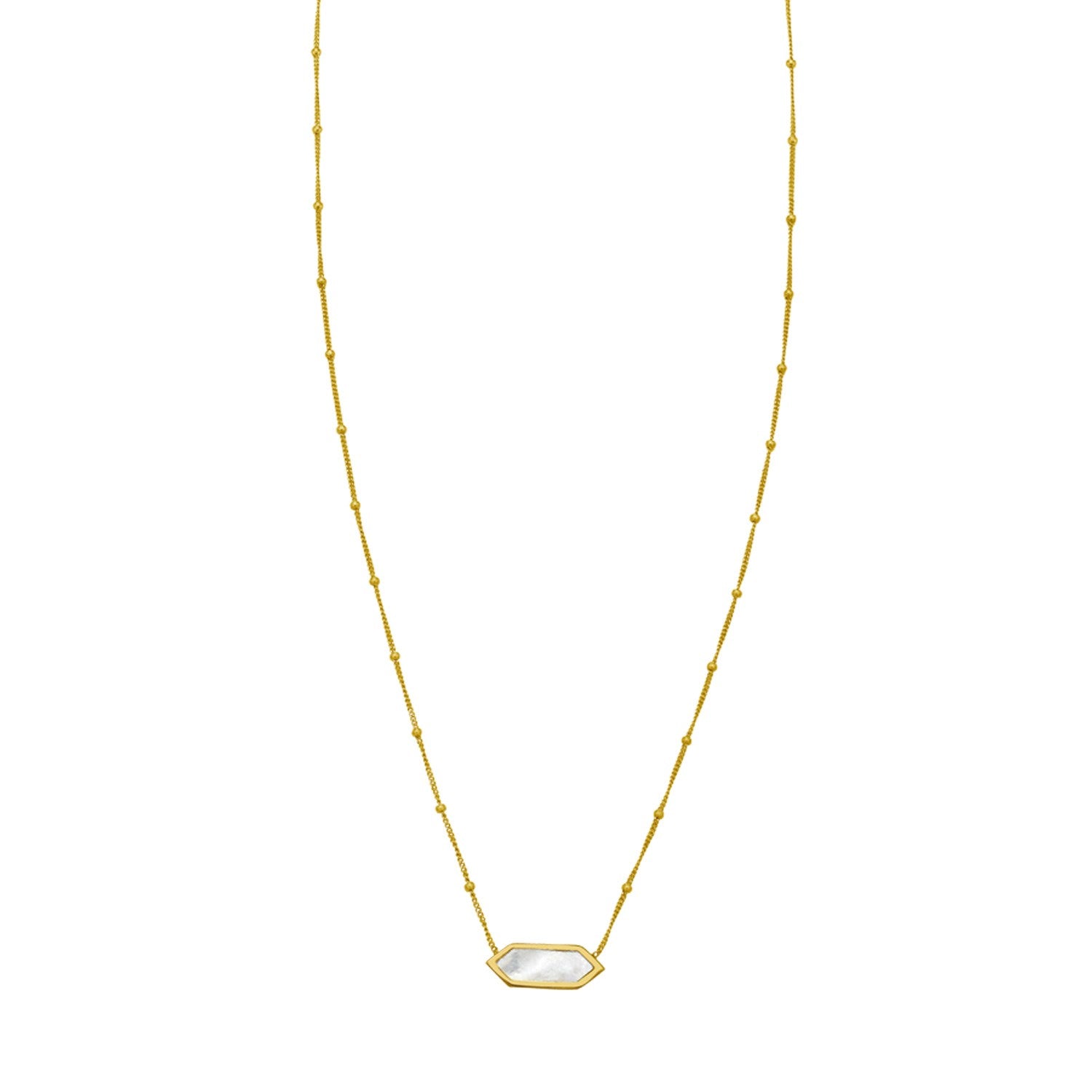 14K yellow gold hexagon mother of pearl pendant necklace on a white background.