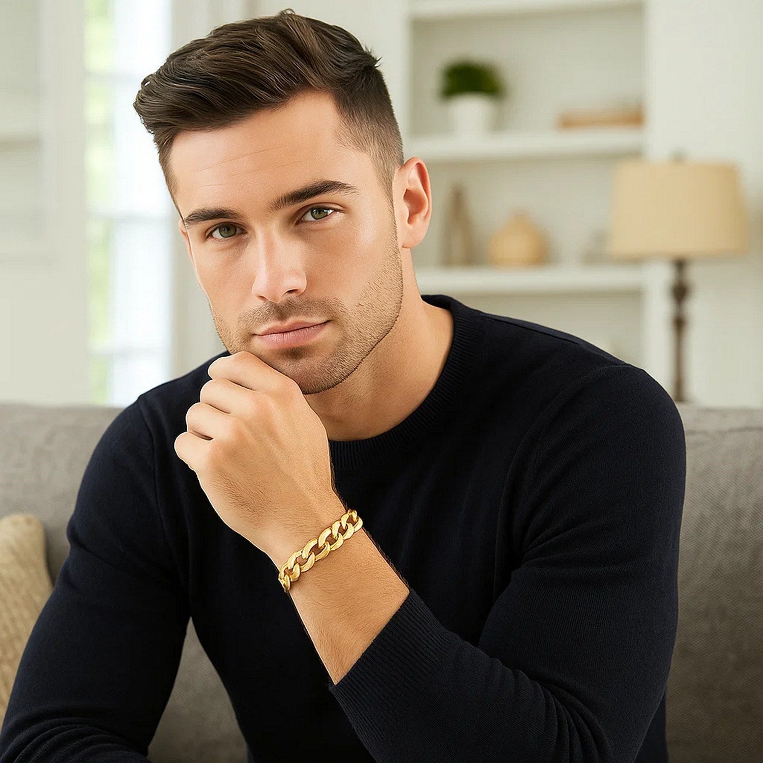 14k yellow gold solid curb bracelet on a man's wrist.