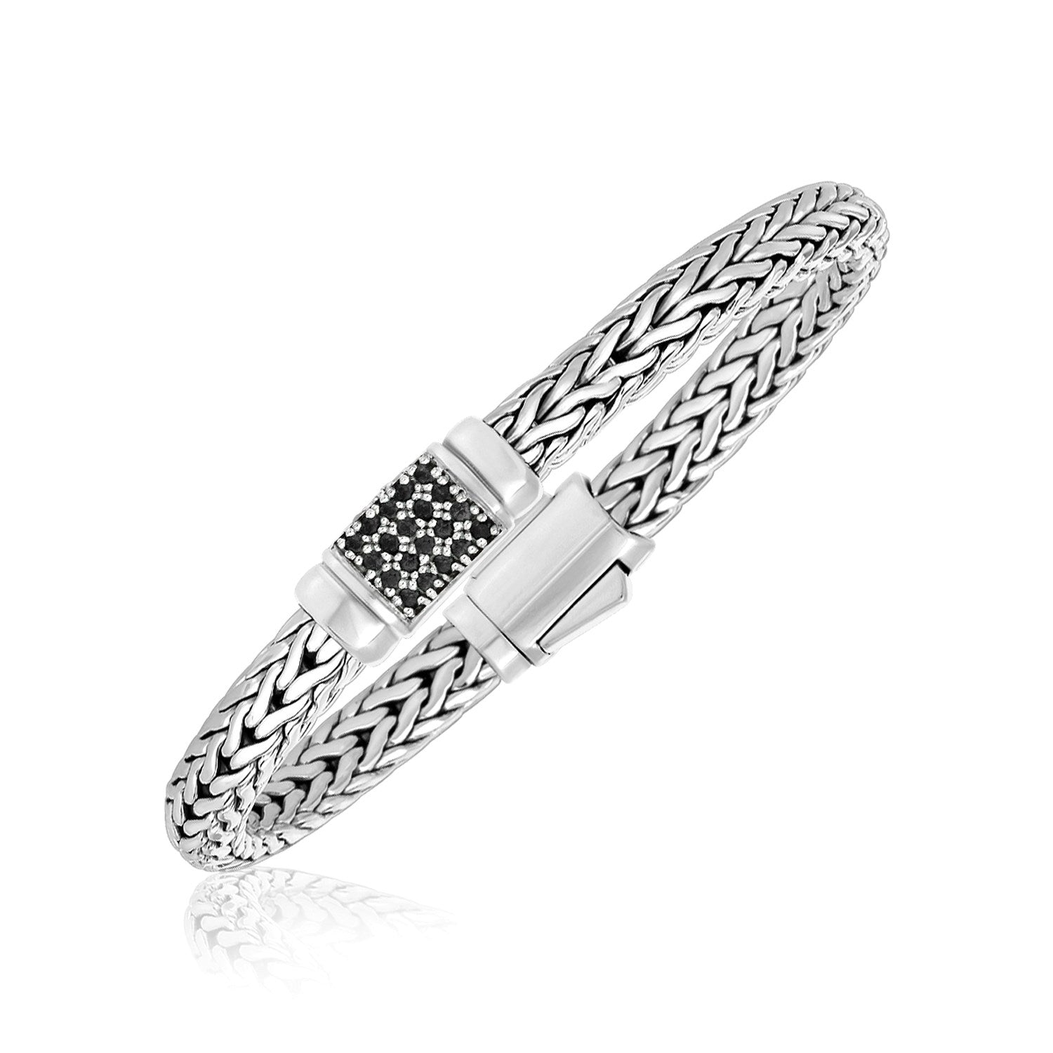 Sterling silver weave bracelet with black sapphire accents and a box clasp.