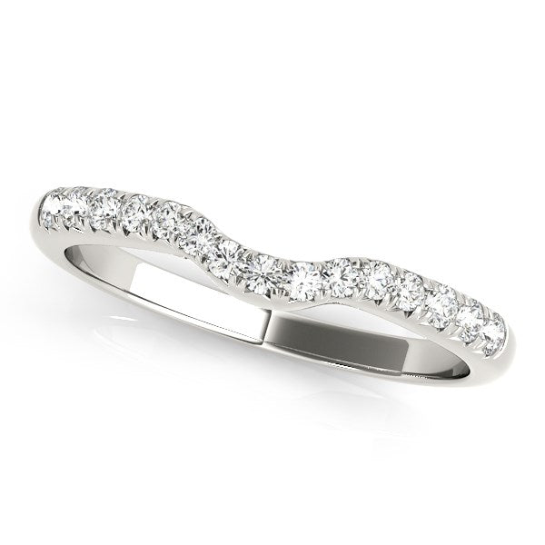 14k white gold curved wedding band with pave set round diamonds.