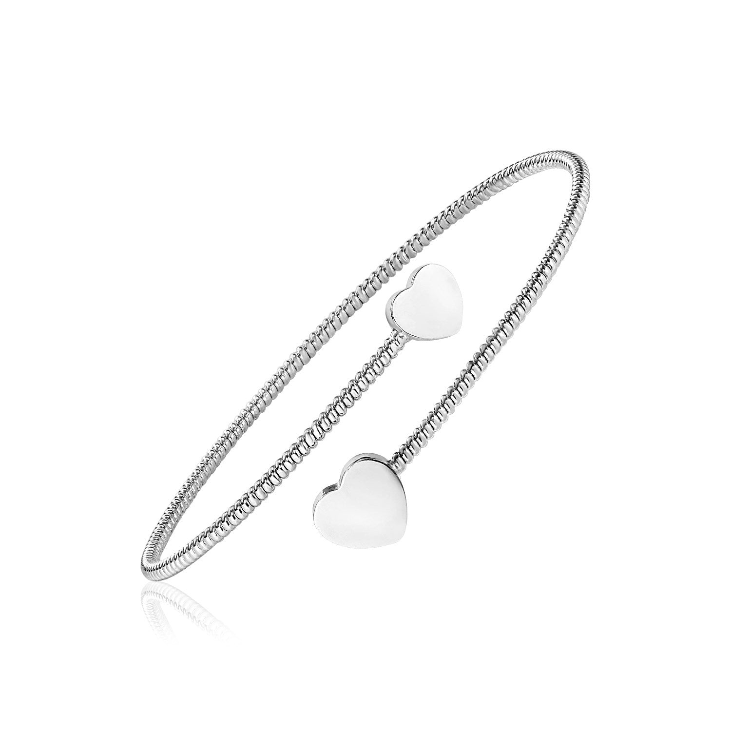Sterling silver bypass bangle with two polished heart ends.