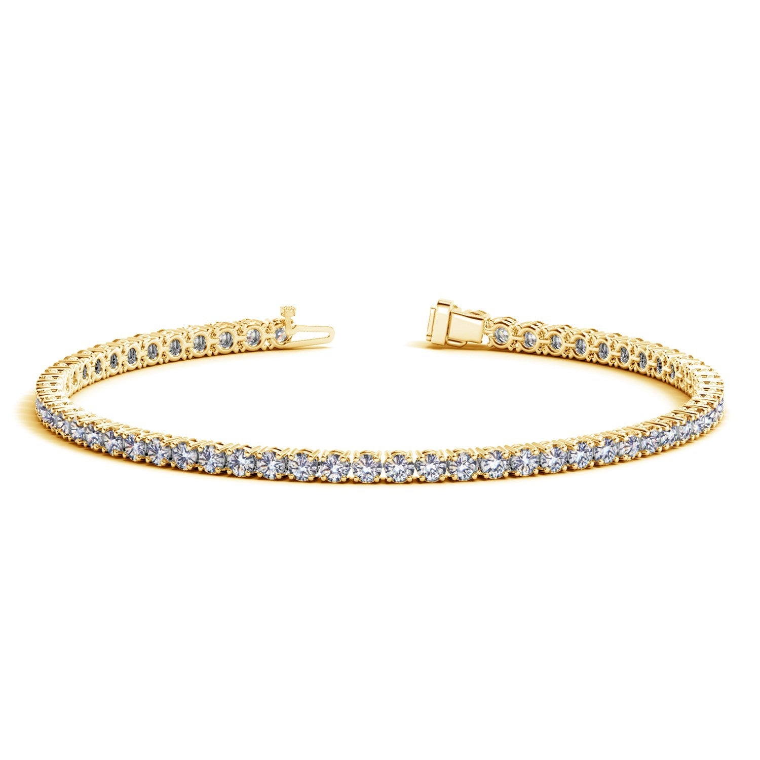 A yellow gold tennis bracelet with round lab-grown diamonds and an open box clasp.