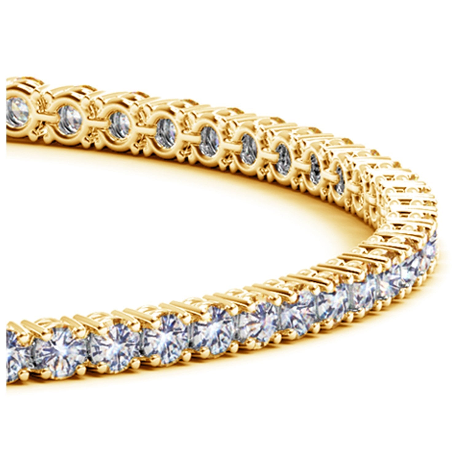 A yellow gold tennis bracelet with round, brilliant-cut diamonds.