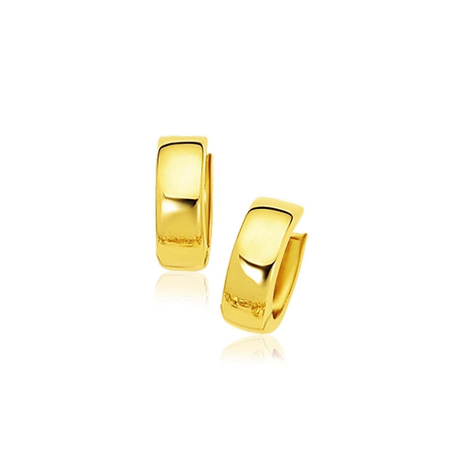 Pair of 10k yellow gold snuggable hoop earrings with a snap lock backing.