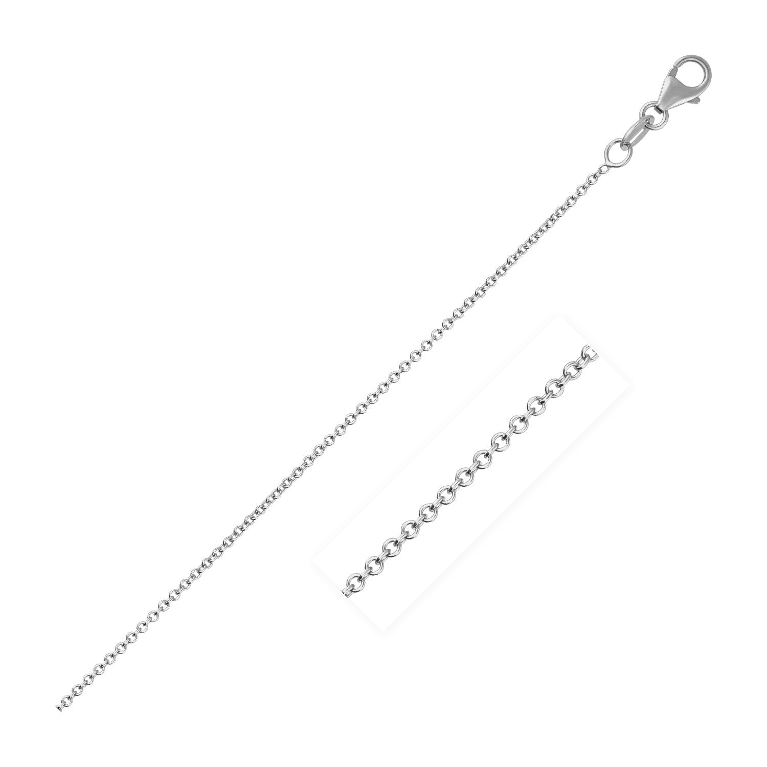 14k white gold round cable link chain with a lobster clasp.