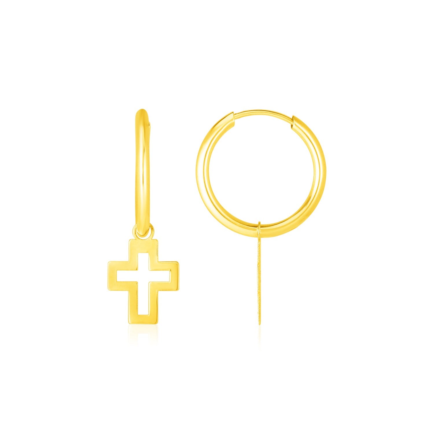 Two polished 14K yellow gold hoop earrings, one with a cross charm.