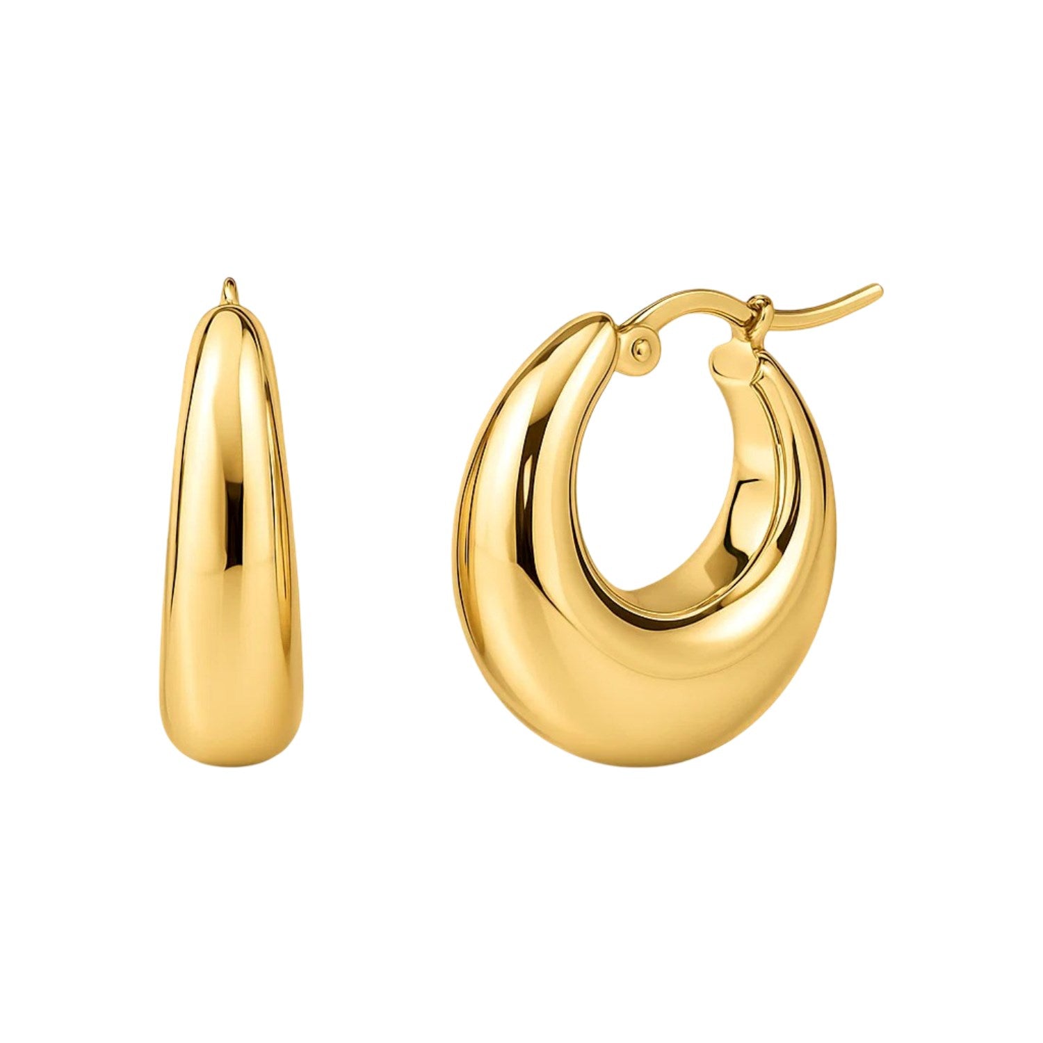 Medium tapered hoop earrings in 14K yellow gold with a hinged snap back.