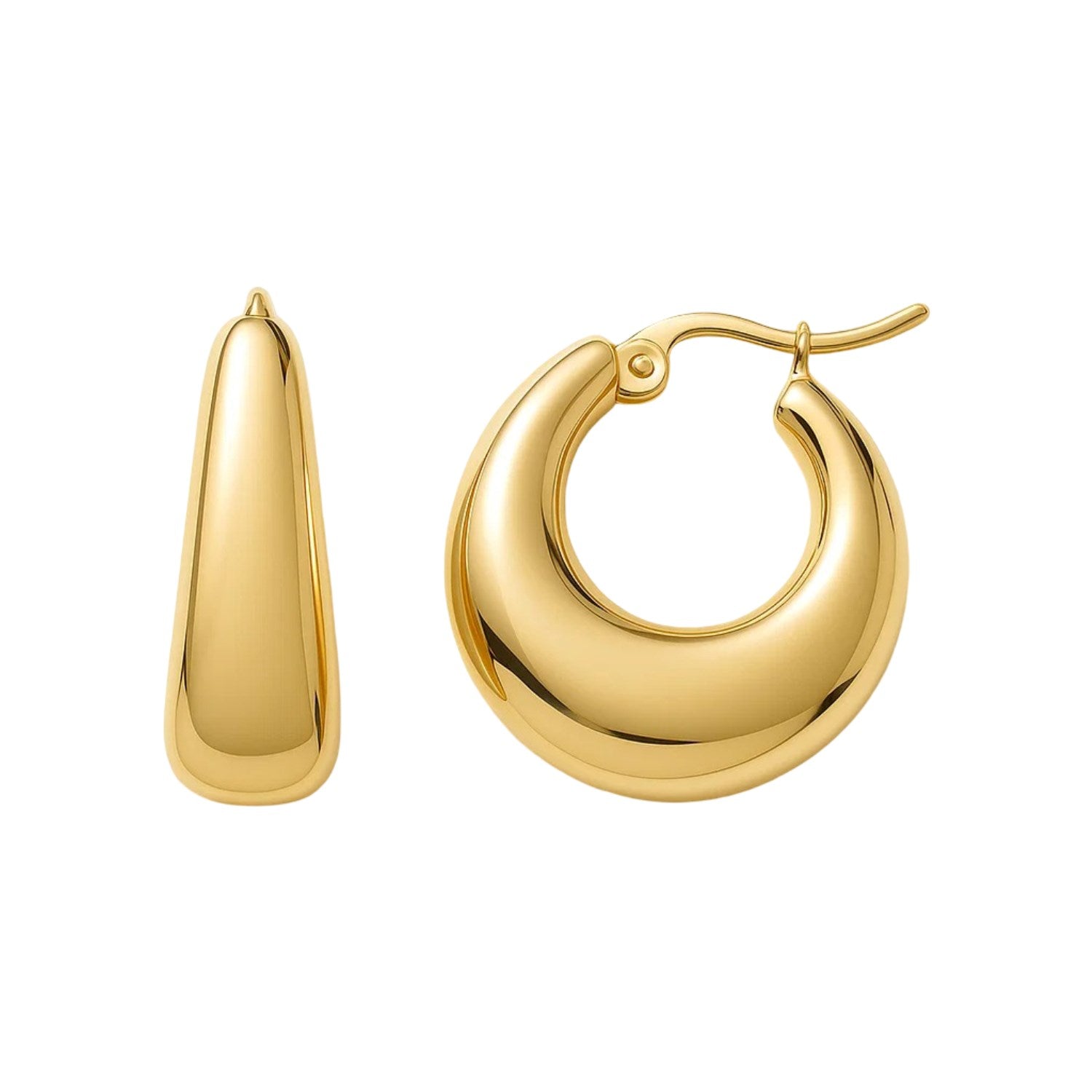 Medium tapered hoop earrings in 14K yellow gold with a hinged snap back.