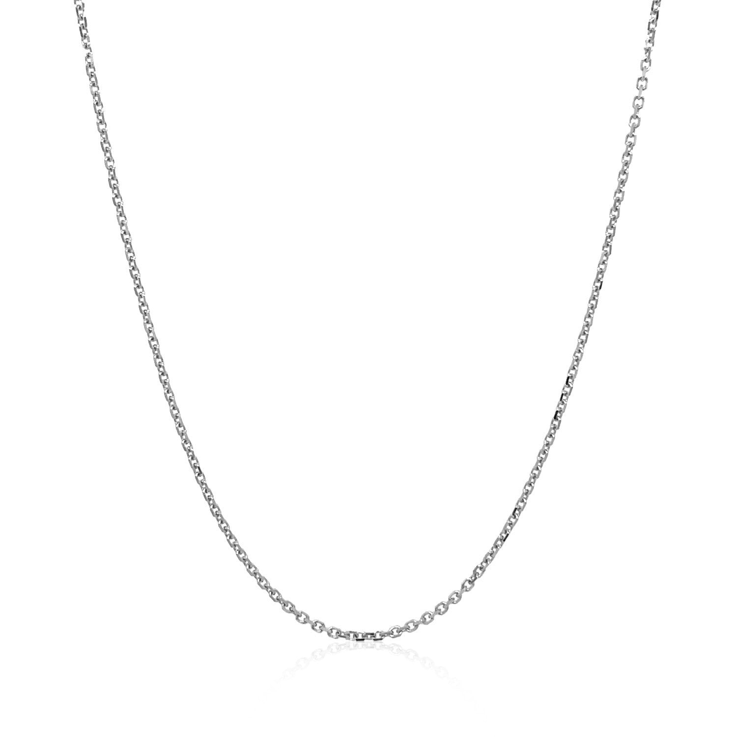 18k white gold diamond cut cable link chain with a spring ring clasp.