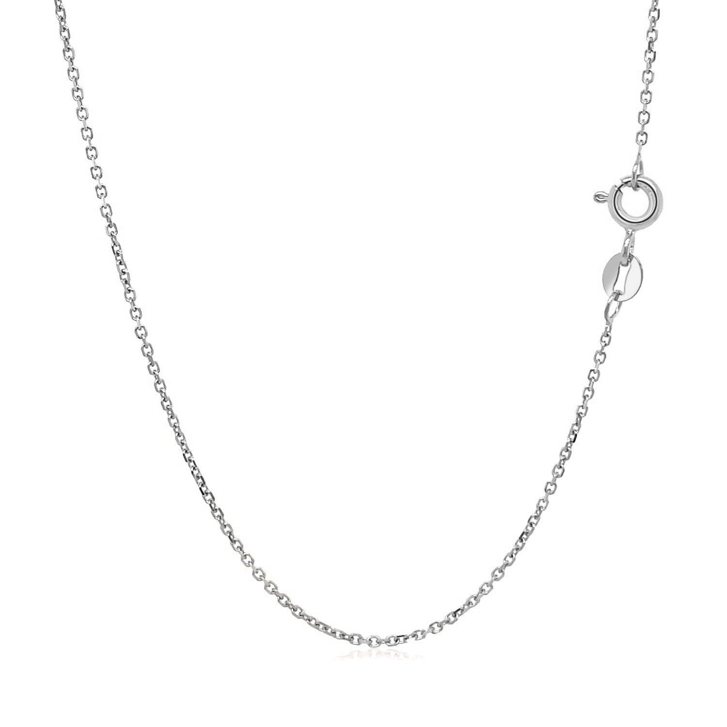 An 18k white gold diamond-cut cable link chain with a spring ring clasp.