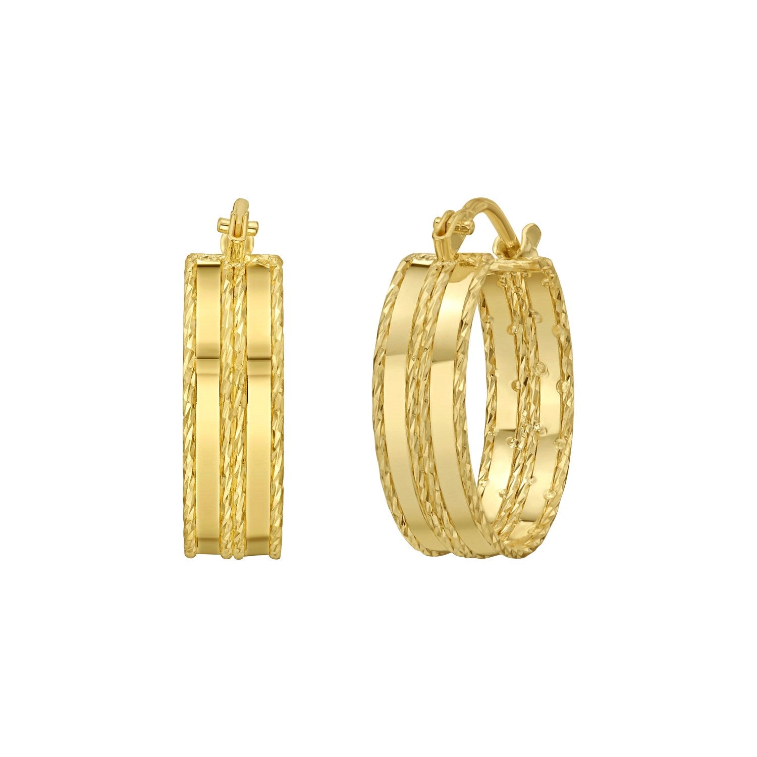 14K yellow gold double sparkle spring hoop earrings with a hinged snap back.