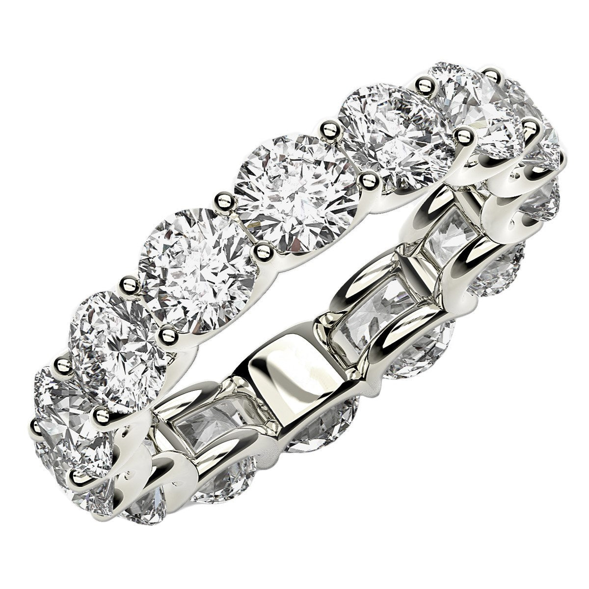Round cut lab grown diamond eternity ring in 14k white gold.