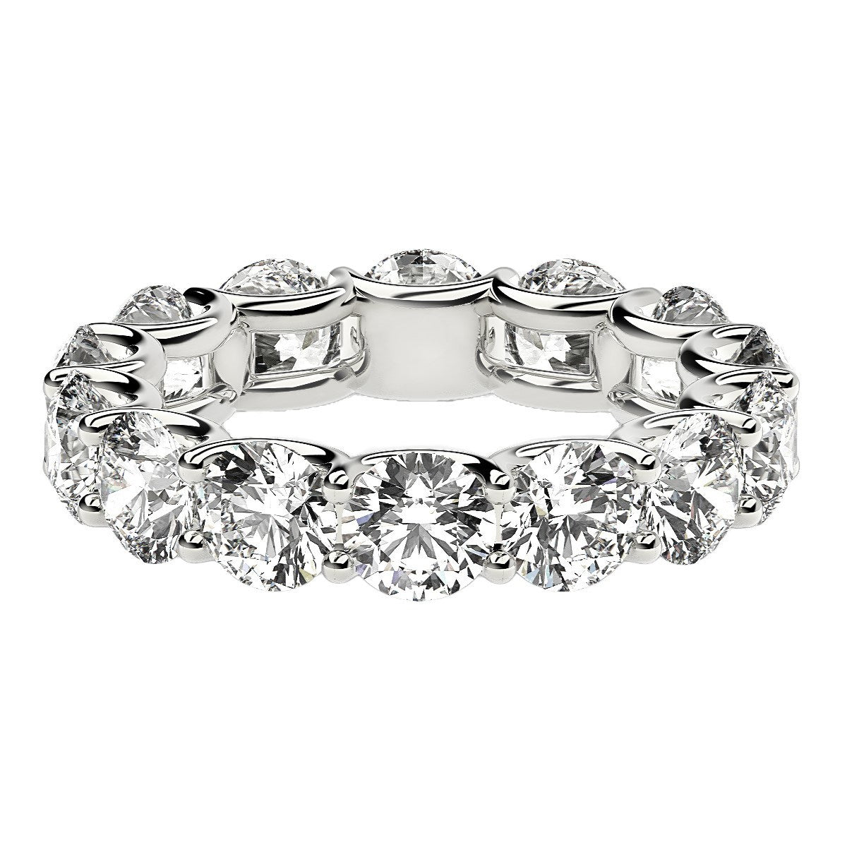A round cut lab grown diamond eternity ring in 14k white gold.