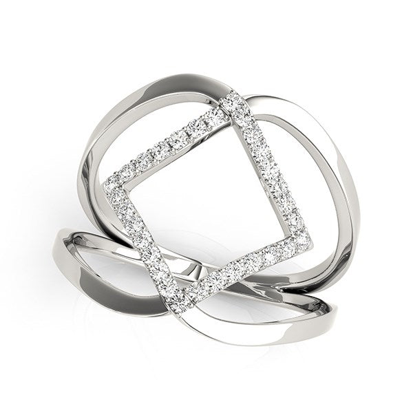 14k white gold ring with interlaced bands and a diamond-paved square.