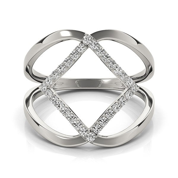 14k white gold interlaced design diamond ring with pave set round diamonds.