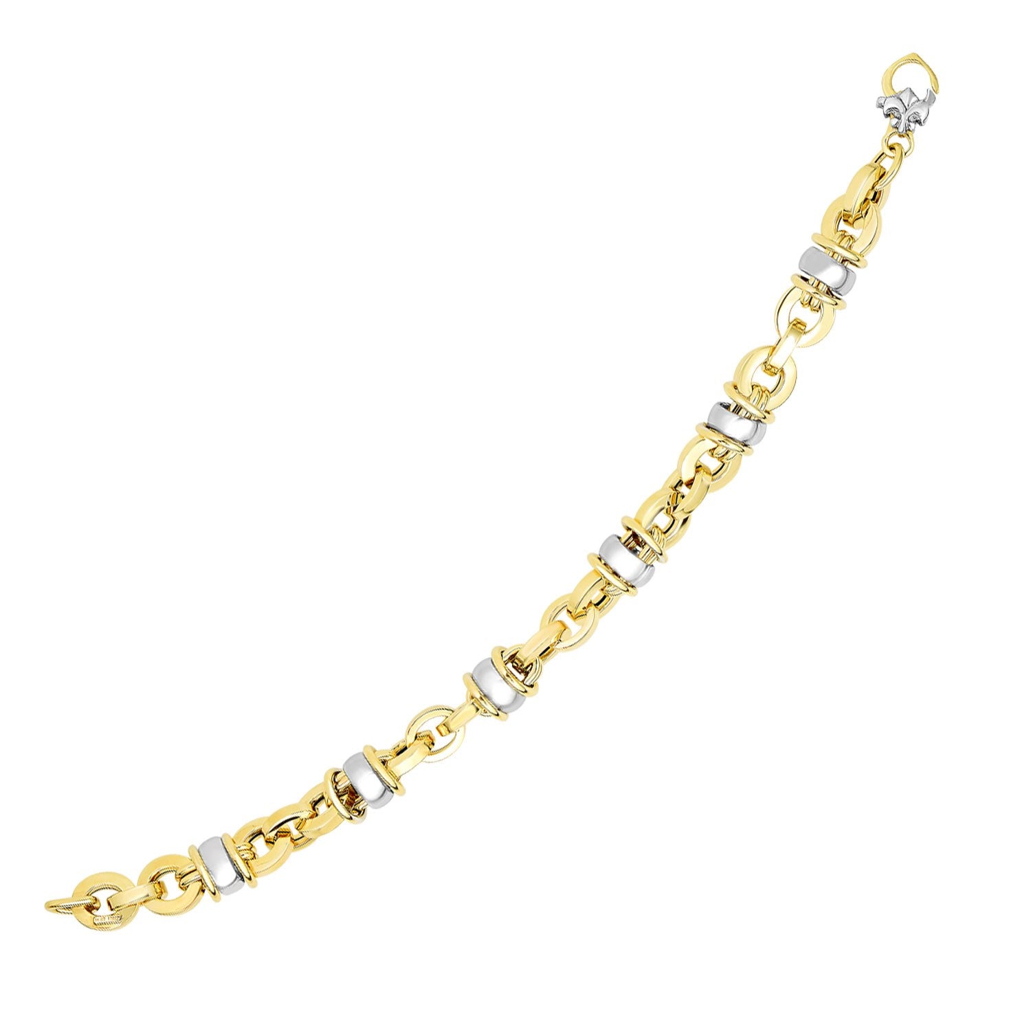 14k two-tone gold oval link bracelet with barrel bead connectors and a fleur de lis clasp.