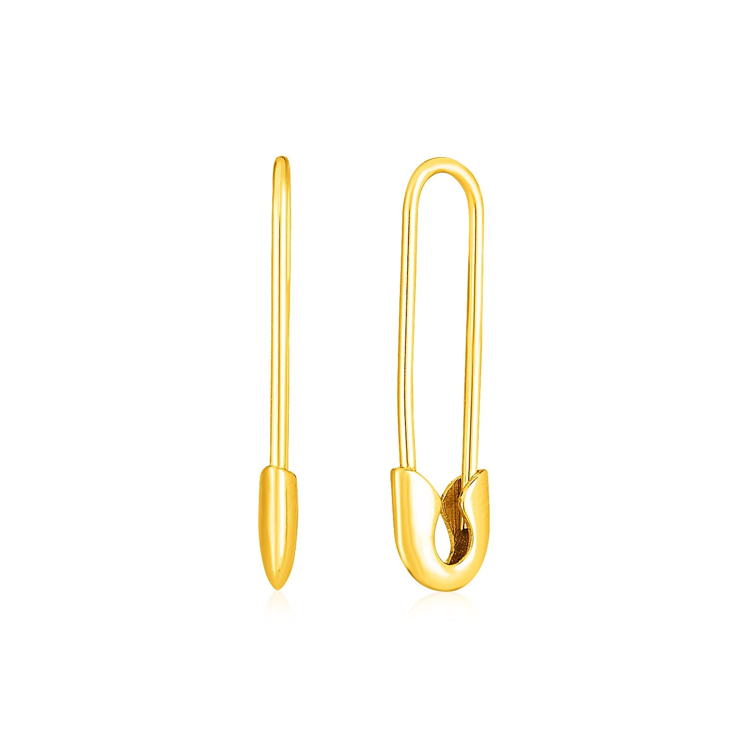 Two 14k yellow gold safety pin earrings are shown, one closed and one open.