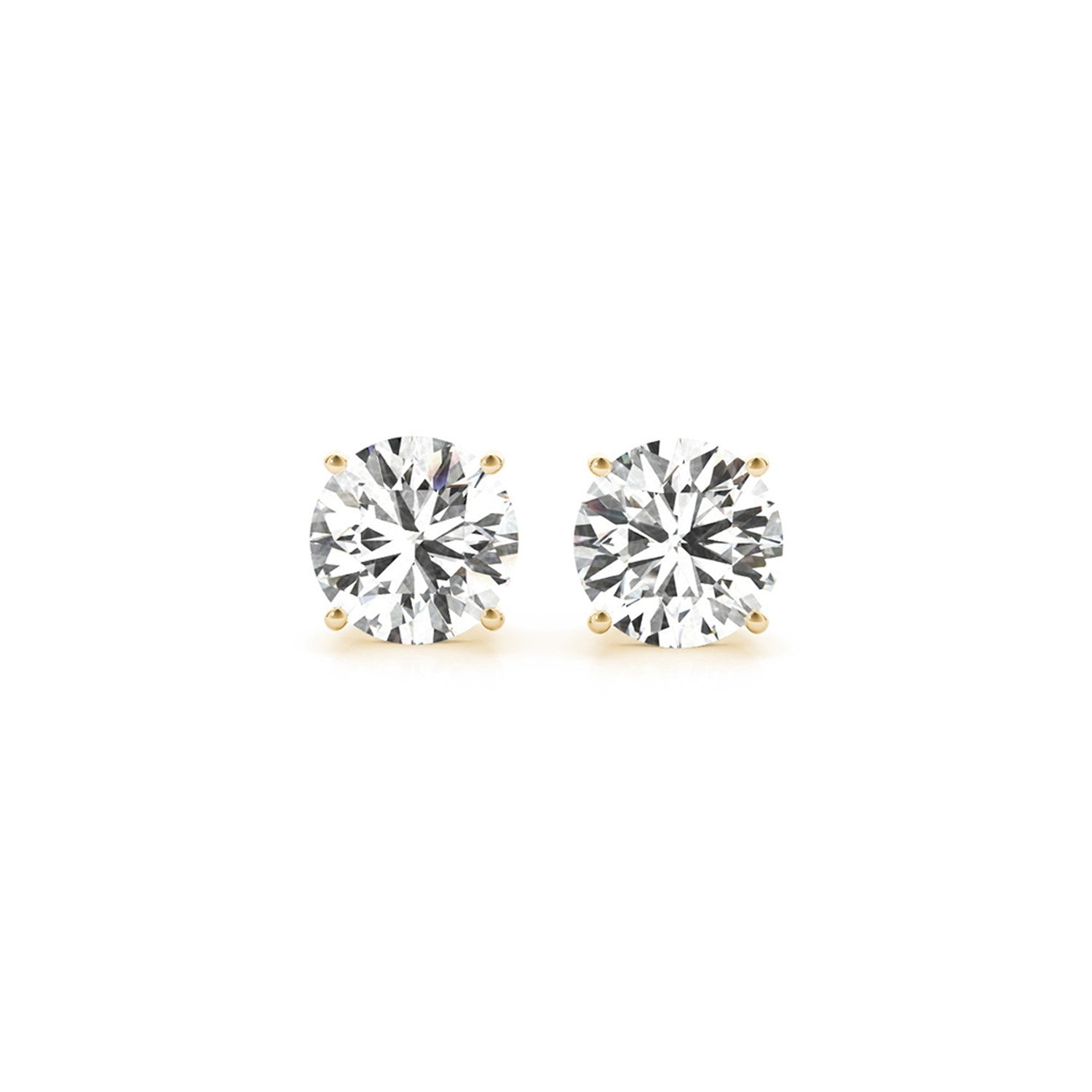 Two round, brilliant-cut lab-grown diamond stud earrings in 14k yellow gold.