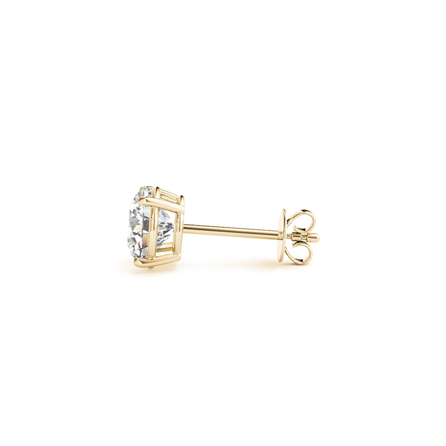 A single round lab-grown diamond stud earring in a four-prong yellow gold setting with a push back.