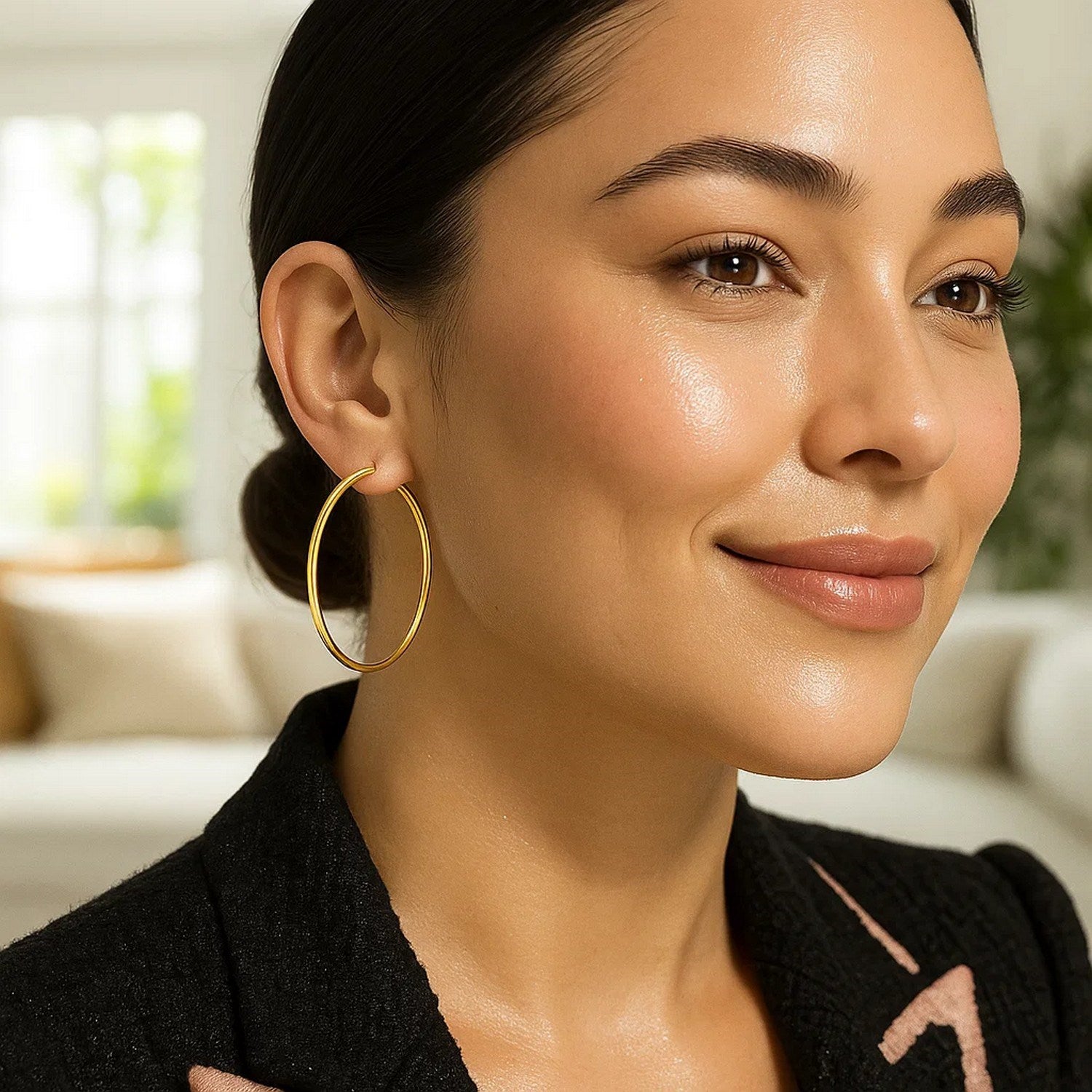 10k yellow gold polished hoop earrings on a woman.