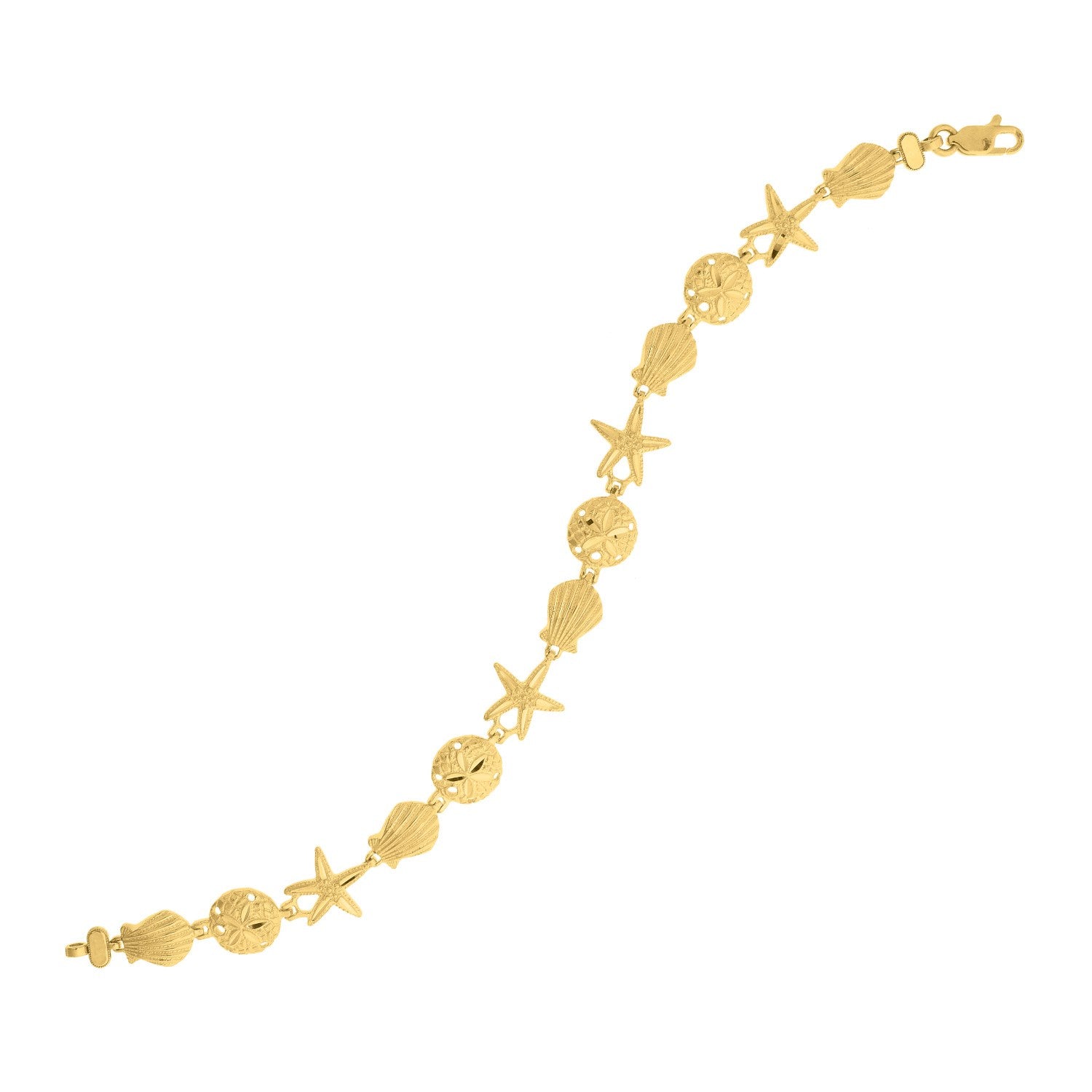 A yellow gold sea life bracelet with alternating shells, starfish, and sand dollars.