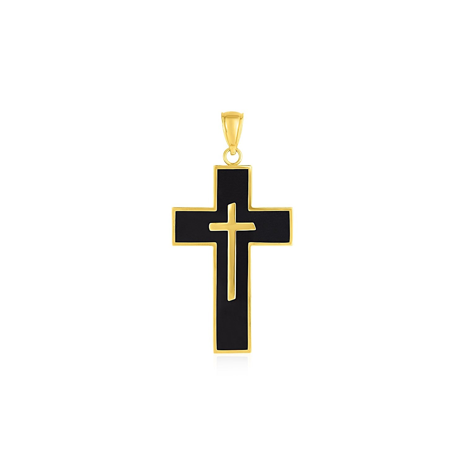 14k yellow gold cross pendant with black enamel inlay.