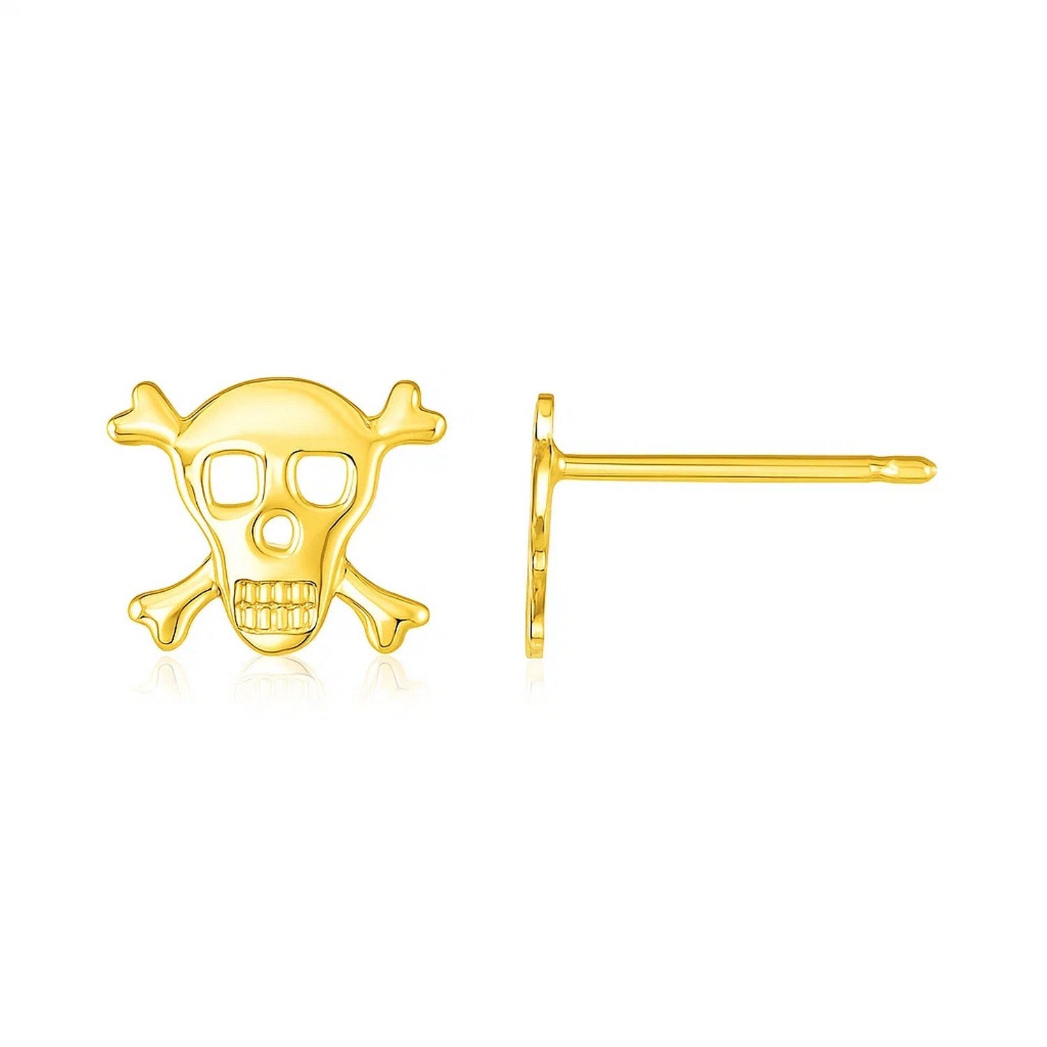 14K yellow gold skull and crossbones post earrings with a push back closure.