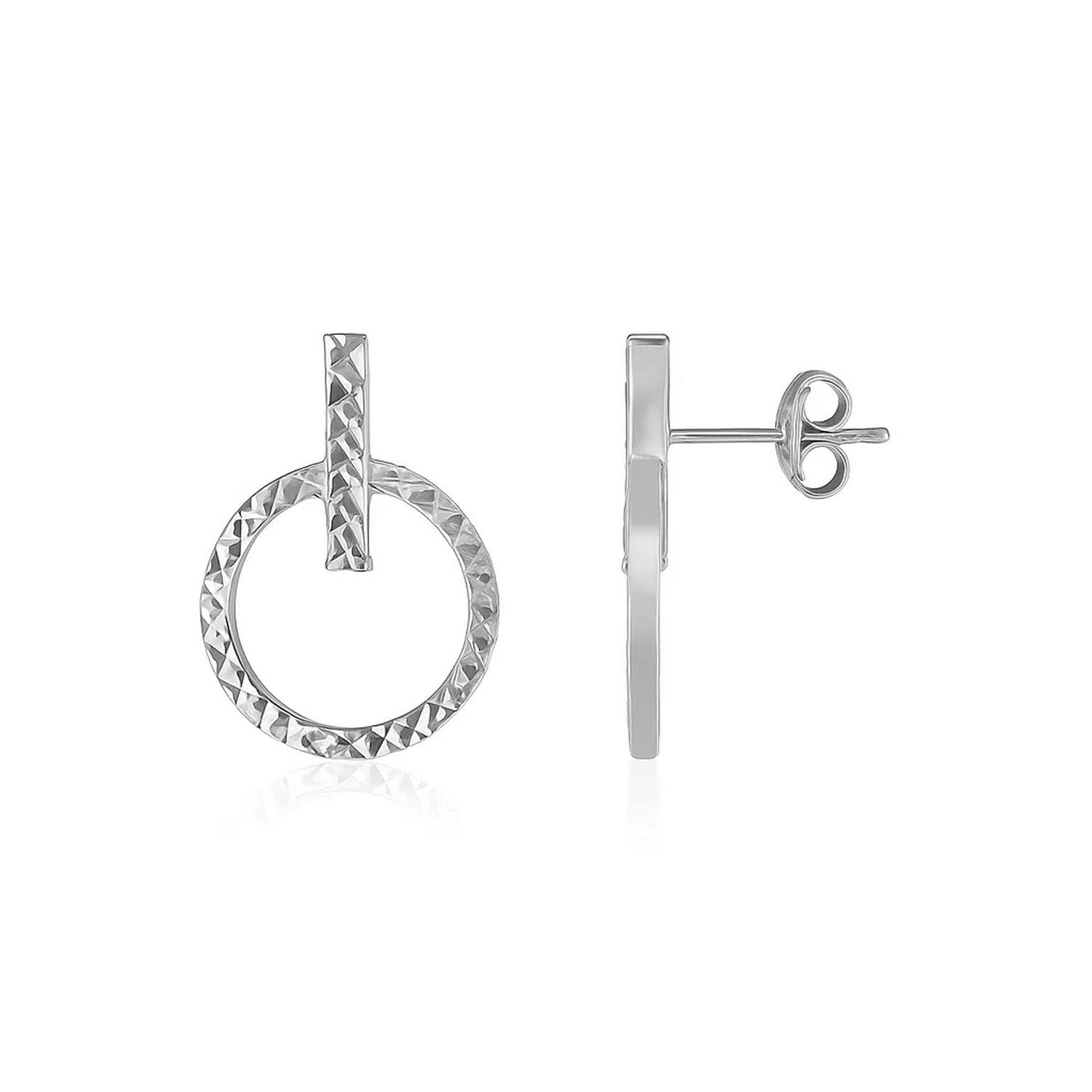 14k white gold textured circle and bar post earrings with pushback clasps.