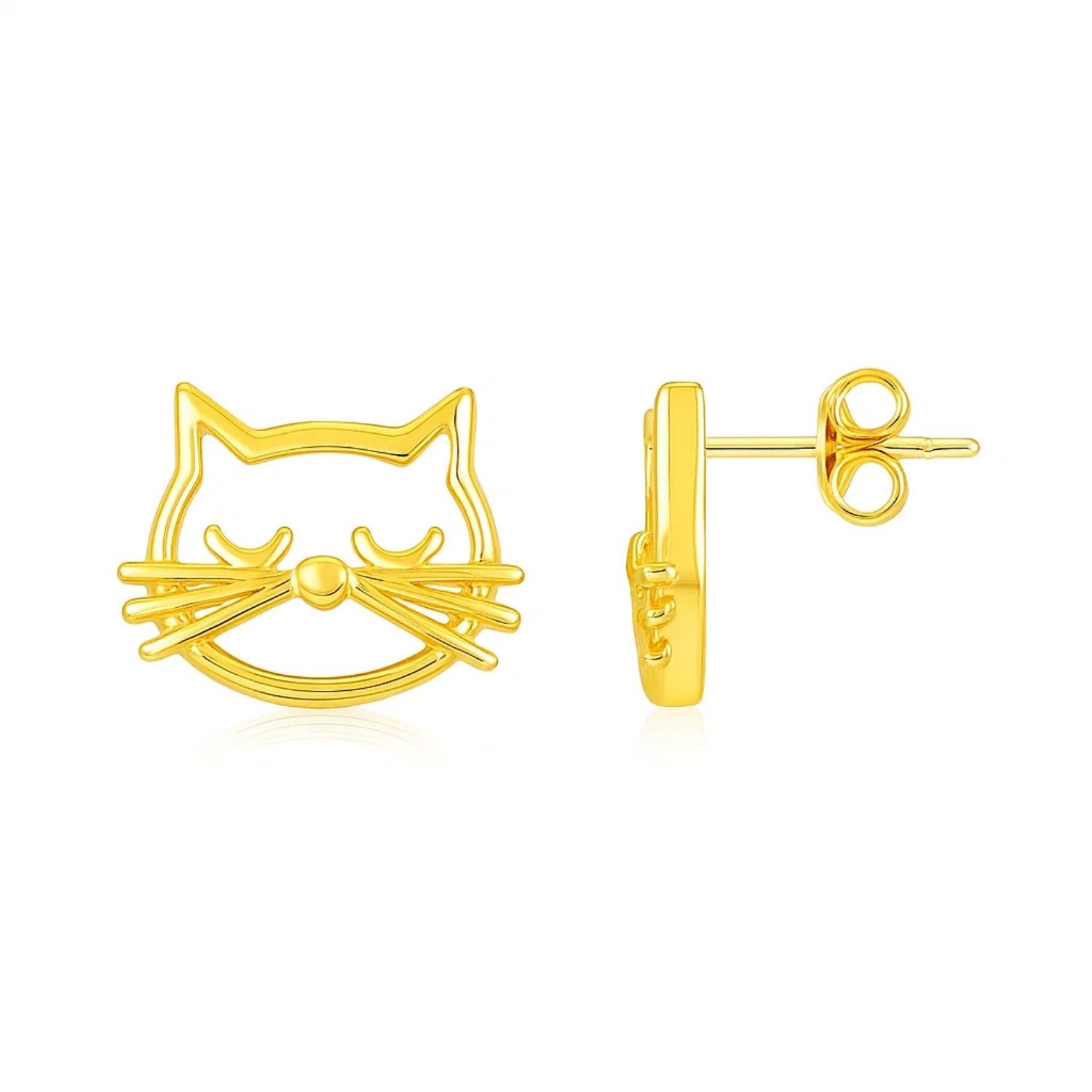 14K yellow gold cat head earrings with closed eyes and whiskers.
