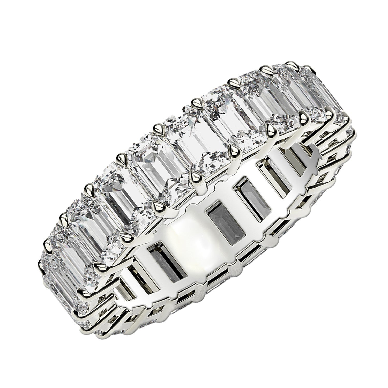 Emerald cut lab grown diamond eternity ring in 14k white gold.