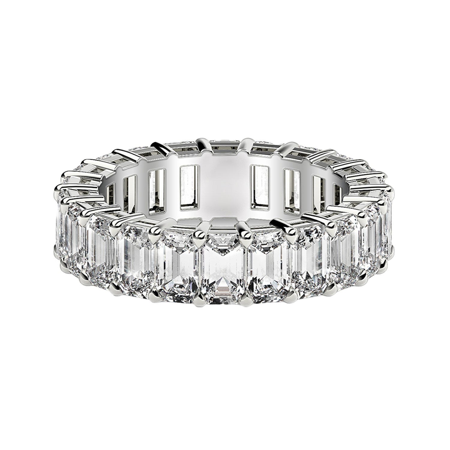 Emerald cut lab grown diamond eternity ring in 14k white gold.