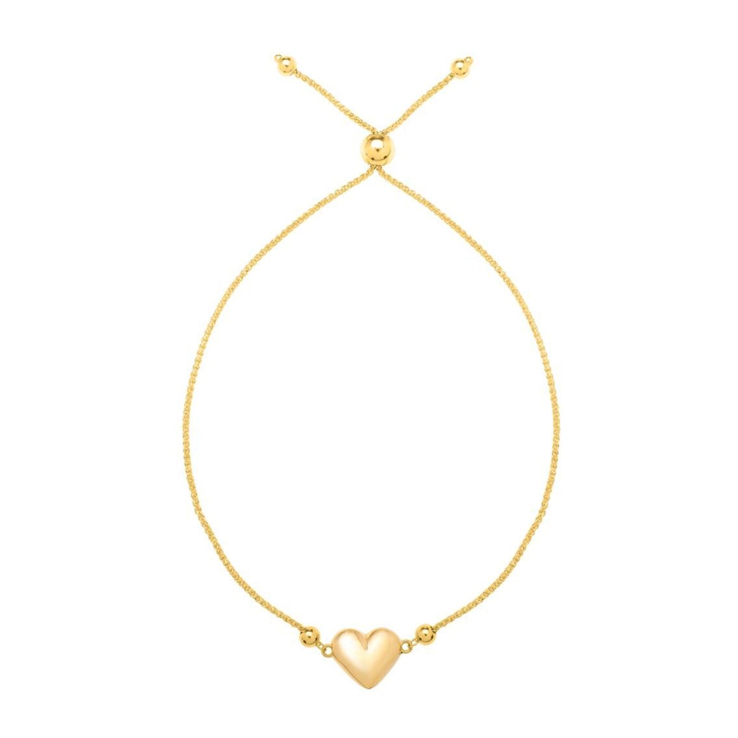 Adjustable 14K yellow gold drawstring bracelet with a puffed heart charm.
