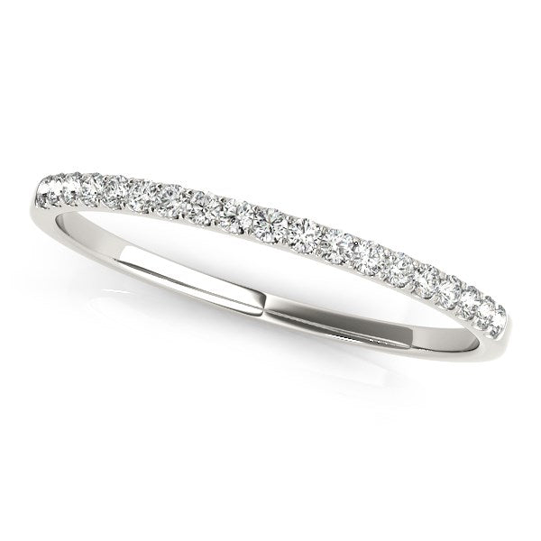 14k white gold wedding ring with pave set round diamonds.