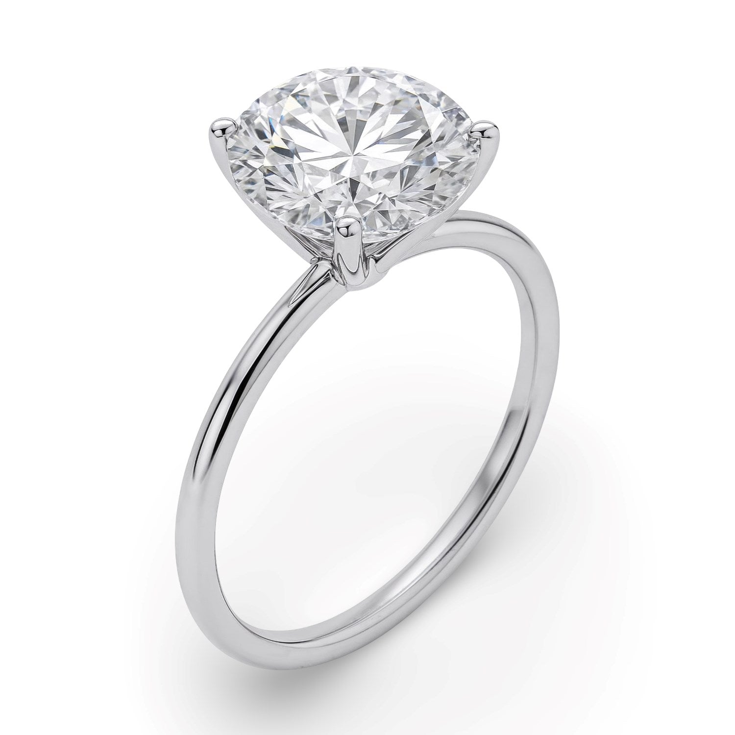 A 5 carat round lab grown diamond solitaire ring in 10K white gold.