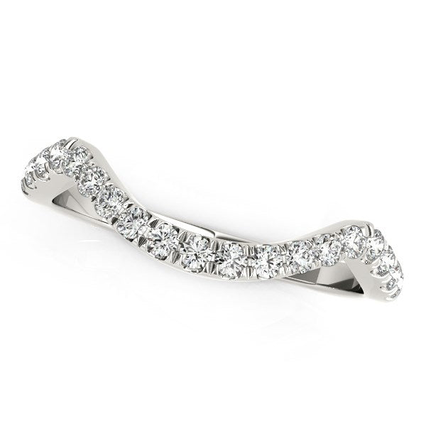 14k white gold curved wedding band with pave set round diamonds.