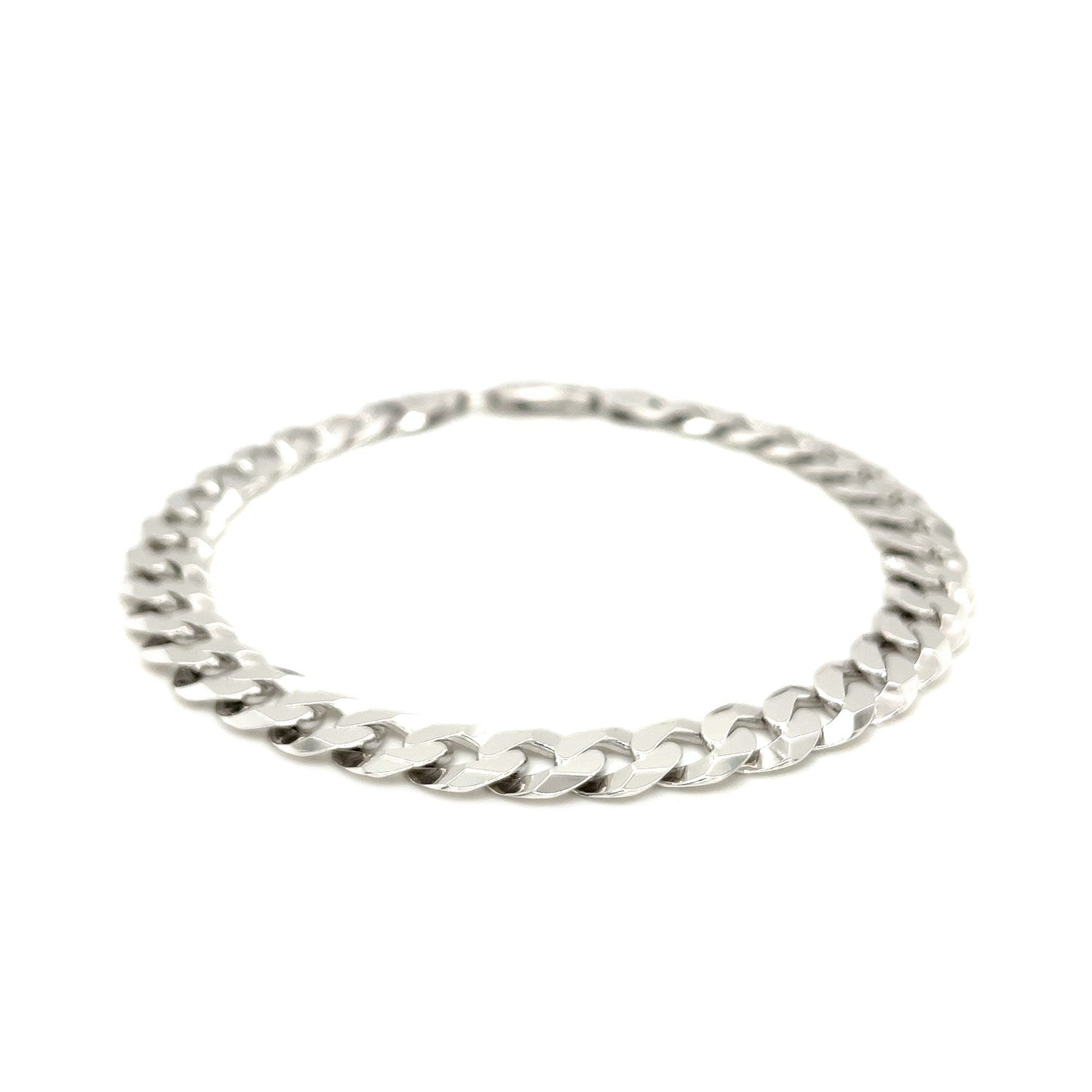 Rhodium-plated sterling silver curb style bracelet with a lobster clasp.