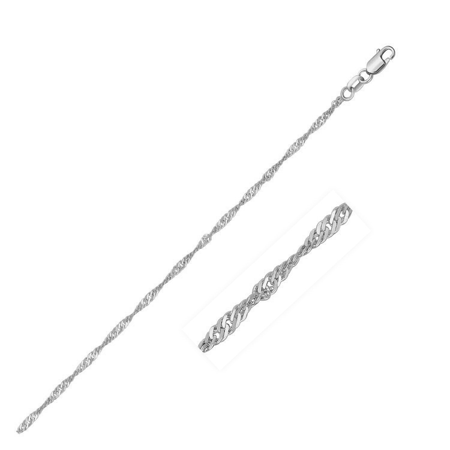 A 10k white gold Singapore chain with a lobster clasp.