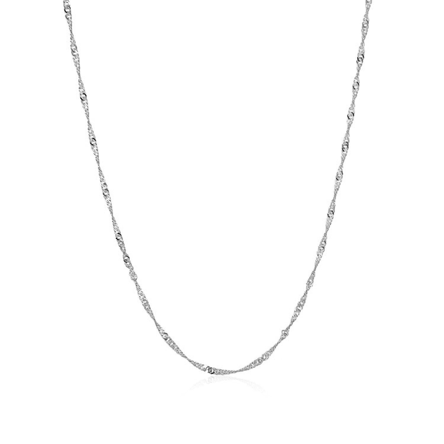 A 10k white gold Singapore chain with a lobster clasp.
