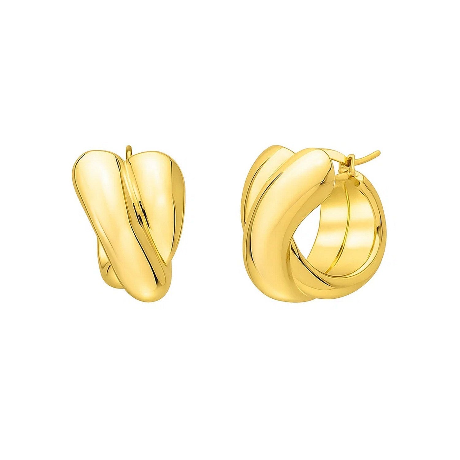Crossover hoop earrings in 14K yellow gold with a polished finish and hinged snap back.