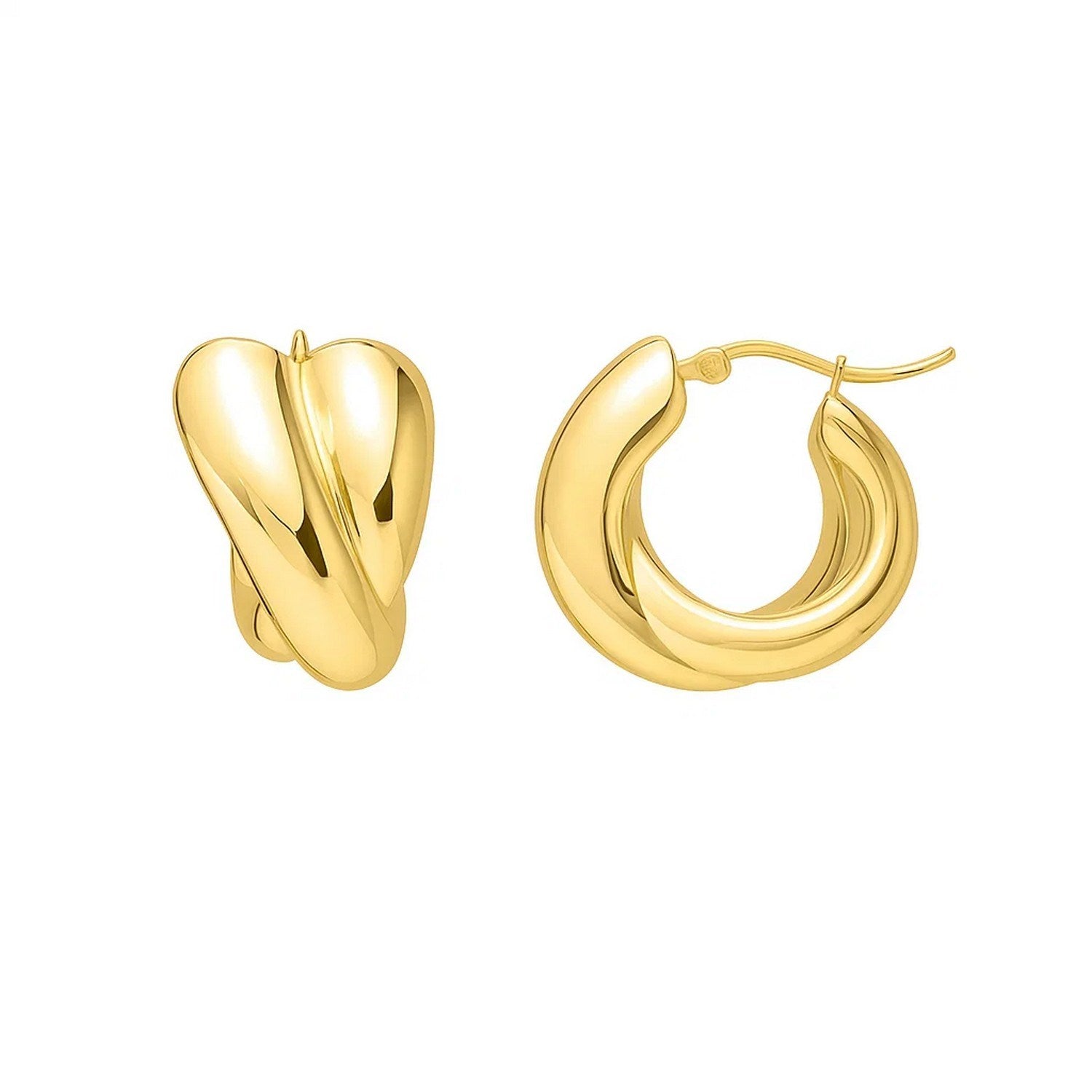 Crossover hoop earrings in 14K yellow gold with a polished finish.