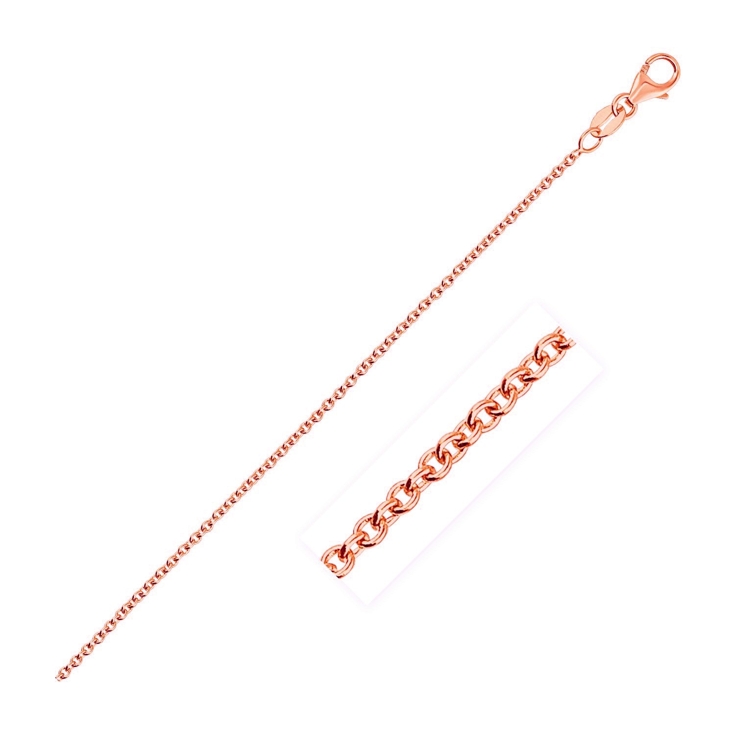 14k rose gold round cable link chain with a lobster clasp.