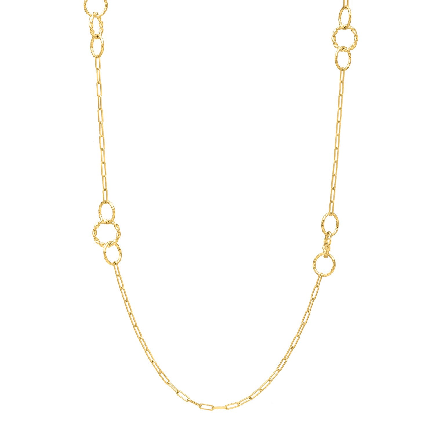 Twisted link necklace in 14K yellow gold with textured circles.