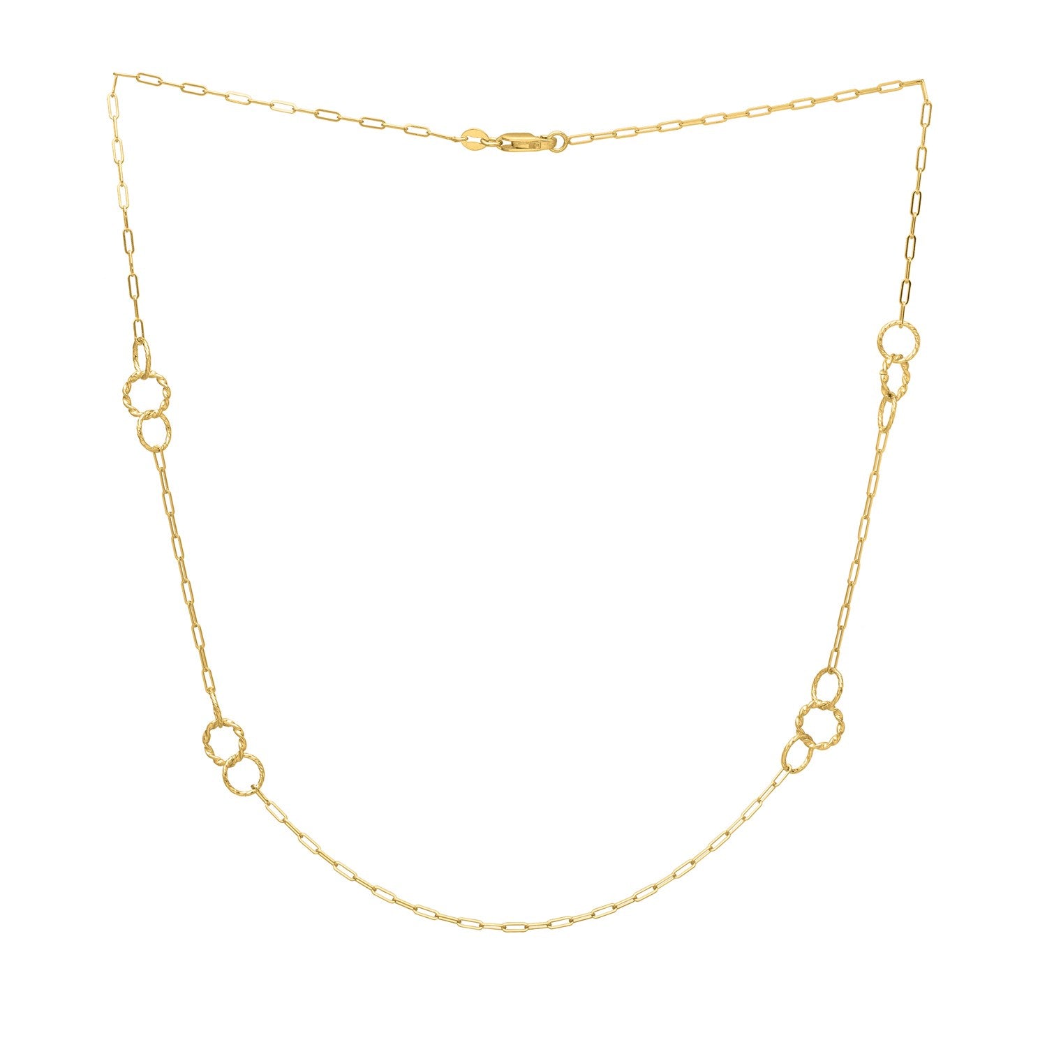 Twisted link necklace in 14K yellow gold with six sets of textured circles.