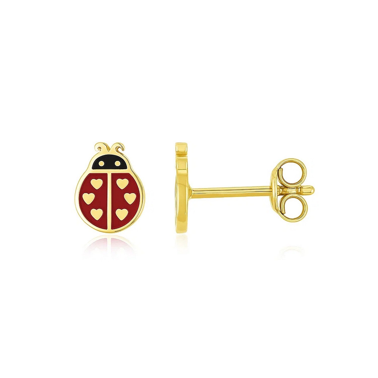 14K yellow gold ladybug enamel earrings with red and black enamel and heart details.