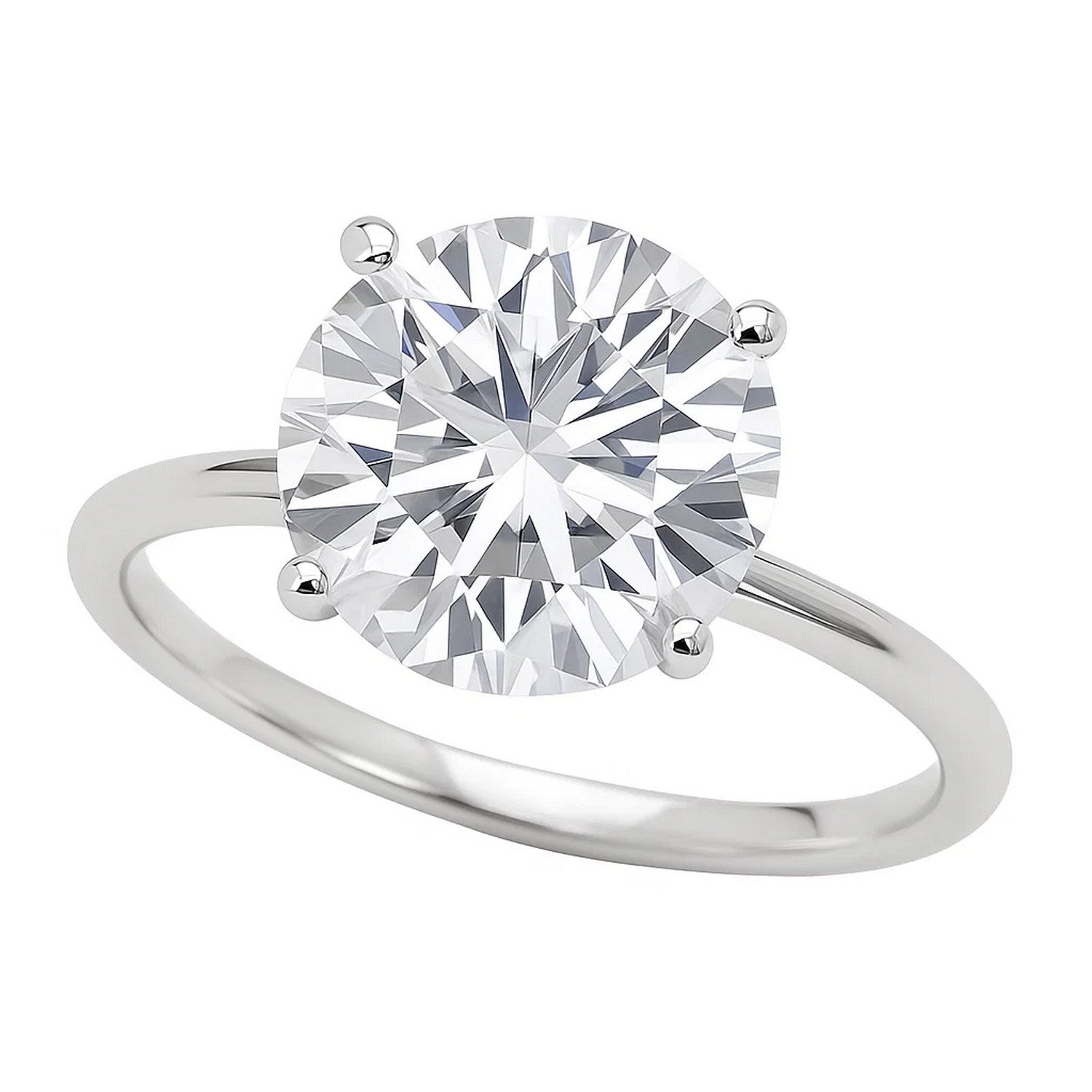 A 14K white gold solitaire ring features a large round lab-grown diamond.