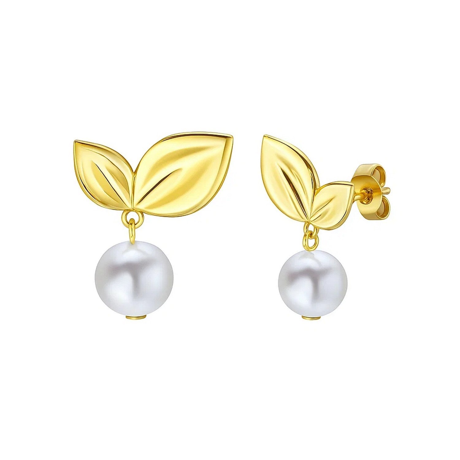 14K yellow gold cherry leaf earrings with round freshwater pearl drops.