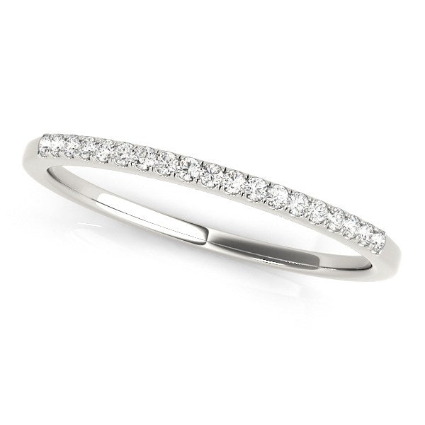 14k white gold thin diamond wedding band with 19 round diamonds.