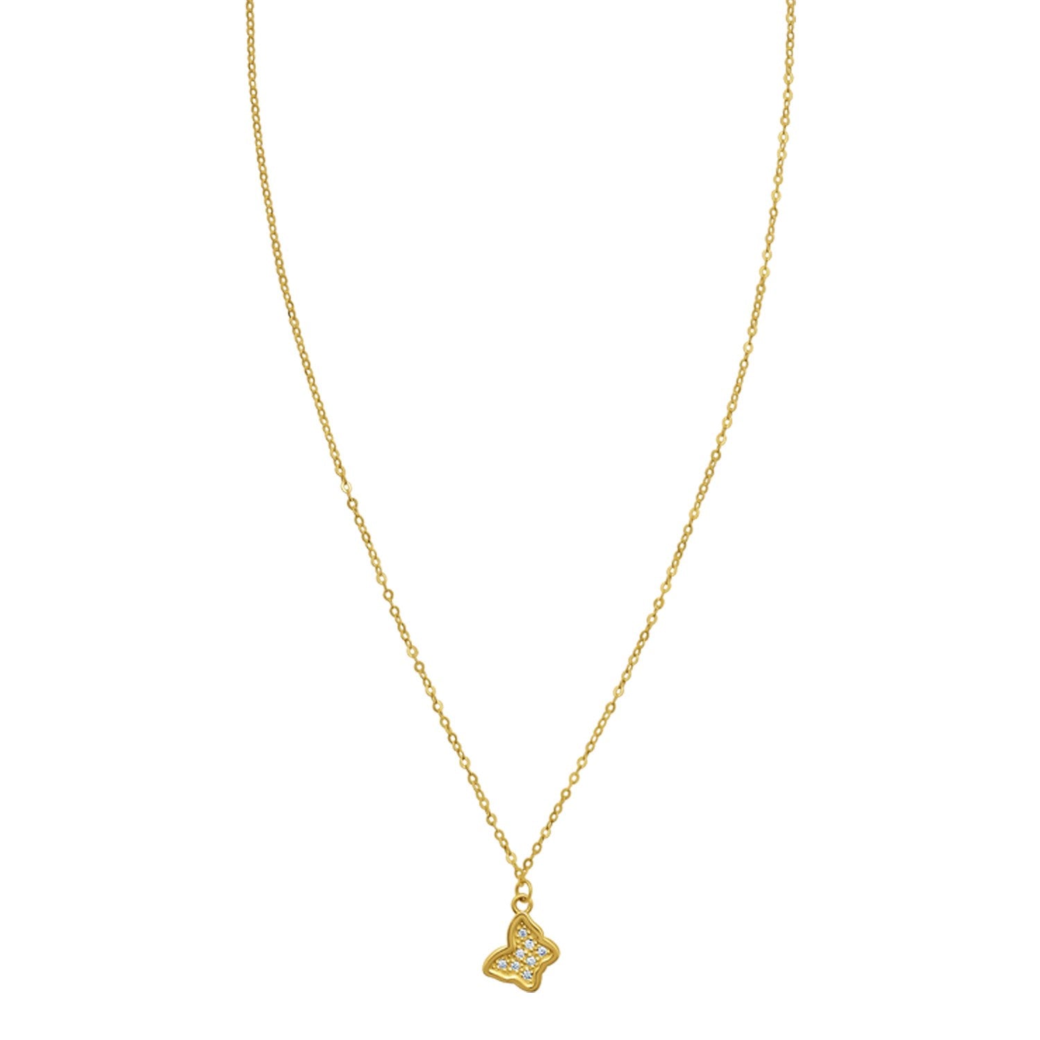 A delicate 14K yellow gold rope chain necklace with a small, pavé-set butterfly pendant.