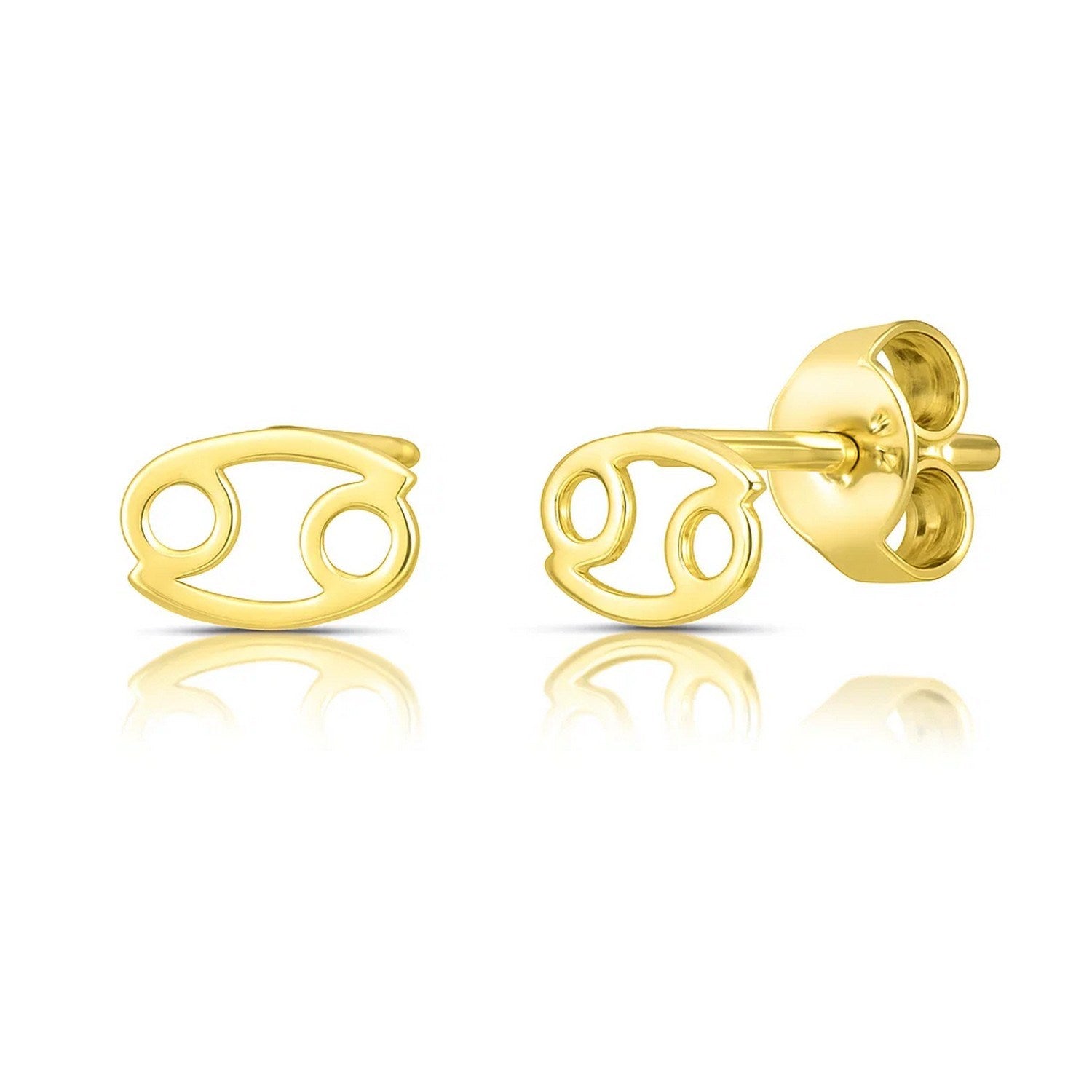 14k yellow gold Cancer stud earrings with a high polish finish and push backs.