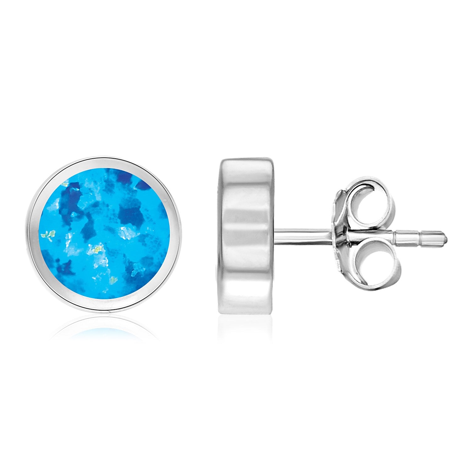 Sterling silver round earrings with blue created opal and pushback clasps.
